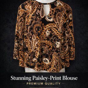 Susan Graver Tribal Paisley Blouse 3/4 sleeves Women's XL All Over Pattern Top